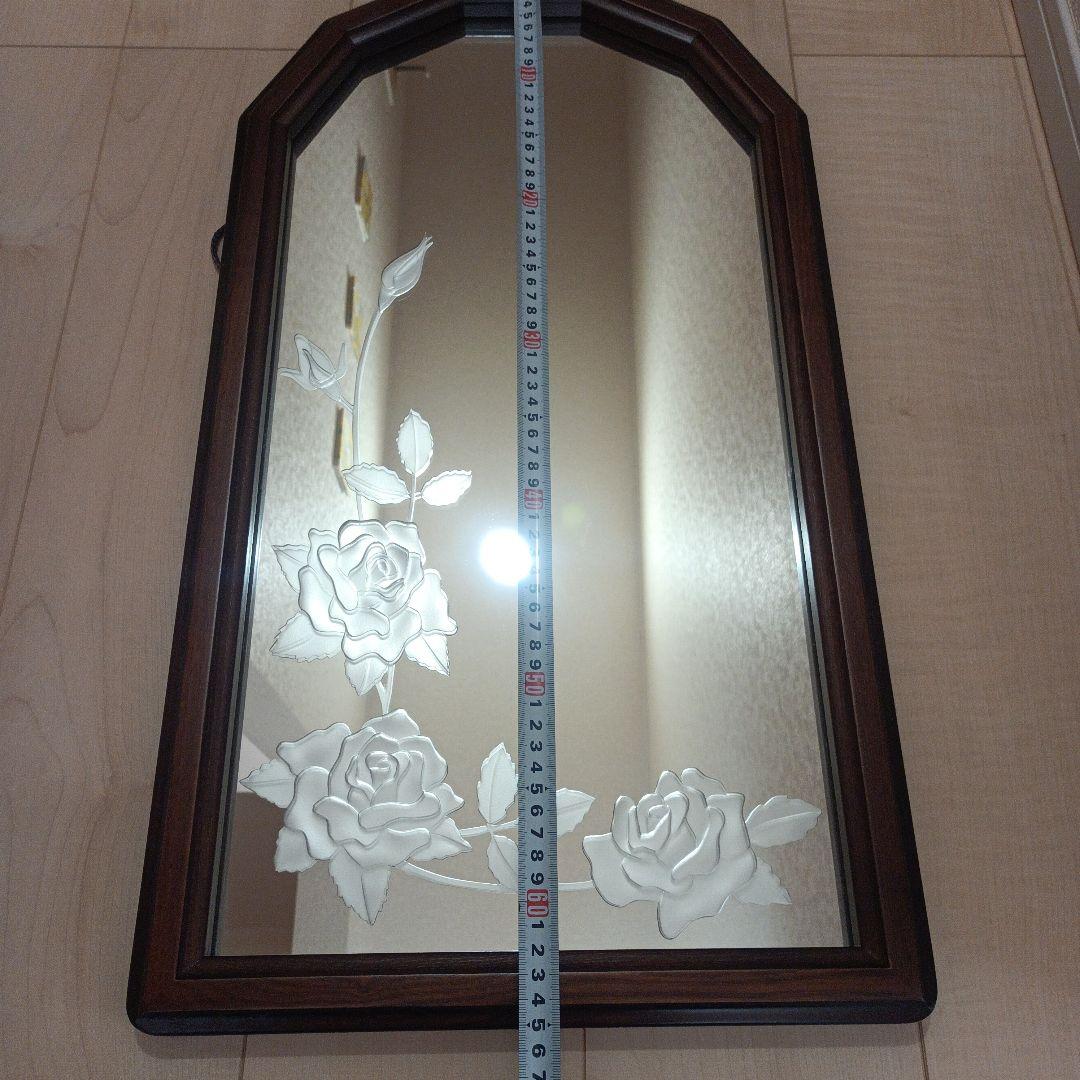 レトロアンティーク　壁掛けミラー　薔薇　エッチングミラー　木枠