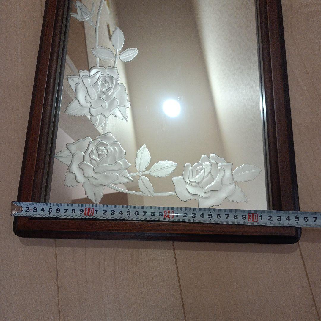 レトロアンティーク　壁掛けミラー　薔薇　エッチングミラー　木枠