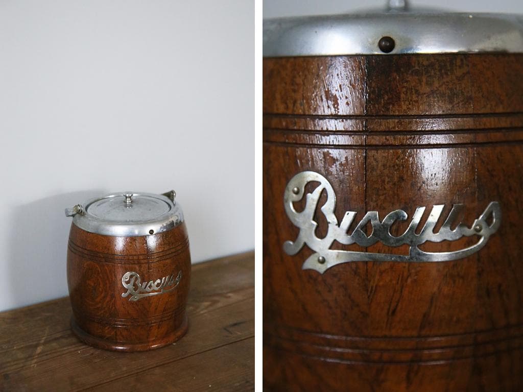 英国アンティーク木製ビスケットバレル/樽/収納ボックス小物入れ(83-76)