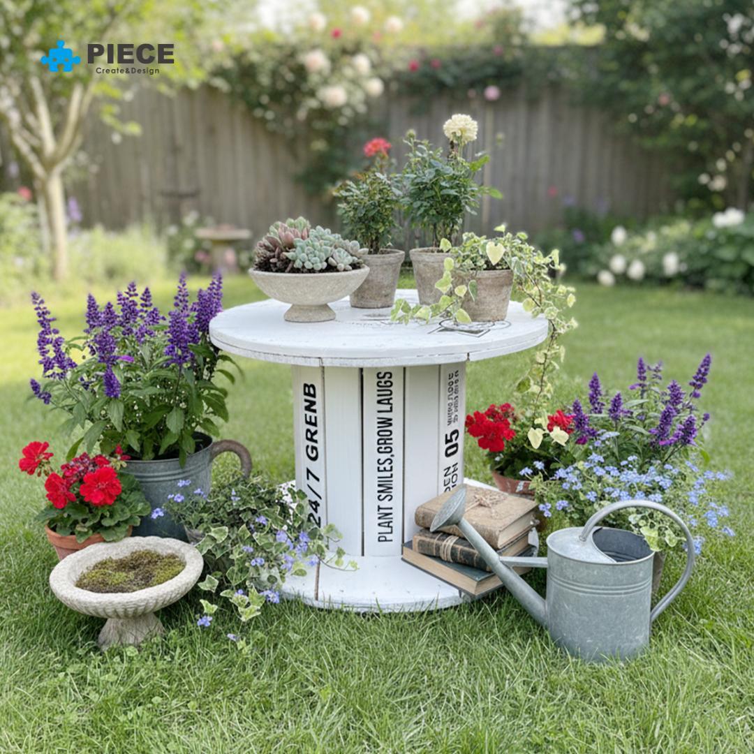 フラワースタンド 木製 ケーブルドラム 白 ヴィンテージ風 シャビー ナチュラル