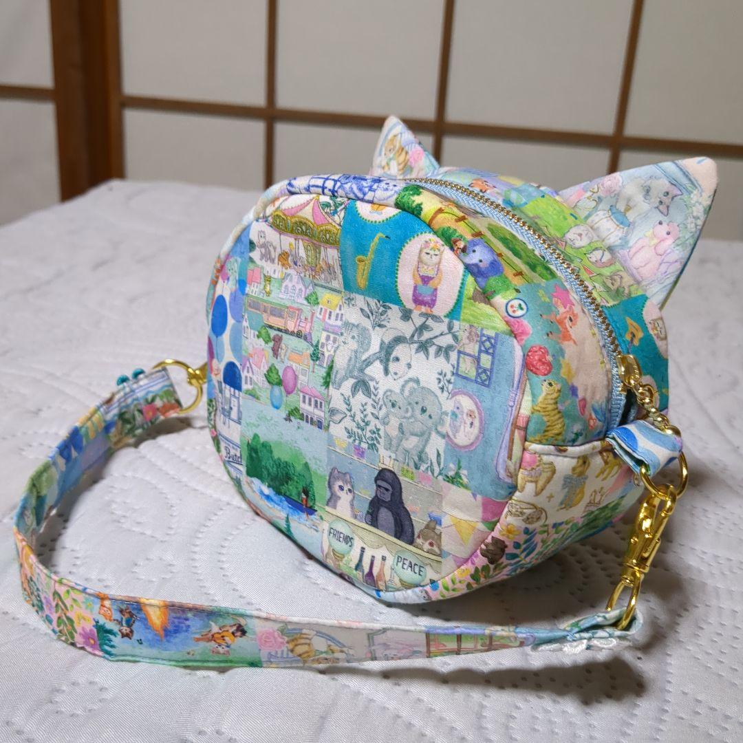 新柄…ユキエモンアニバーサリーパッチワーク ブルー系…コロンと猫ポーチ