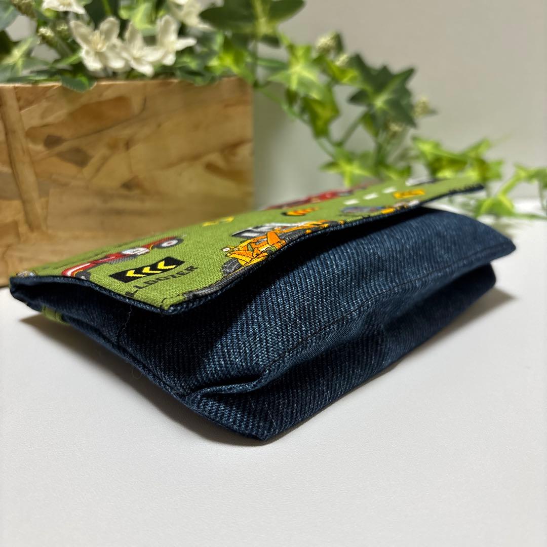 ハンドメイド移動ポケット(マチあり)★男の子　大きな働く車(グリーン)