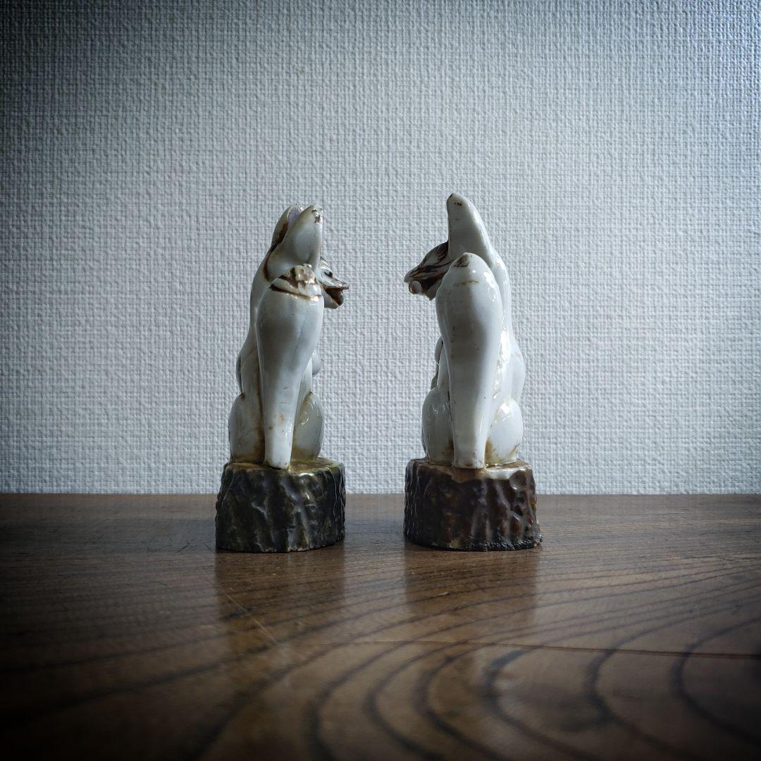時代物 白磁 色絵 金彩 御稲荷様 神狐 稲荷狐 置物 一対 高さ10cm