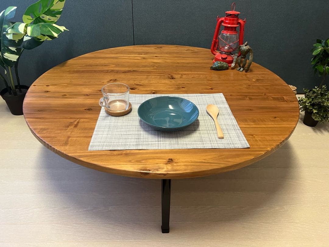 【送料無料】 ローテーブル 丸形 90cm 杉 オーク調 折りたたみ脚