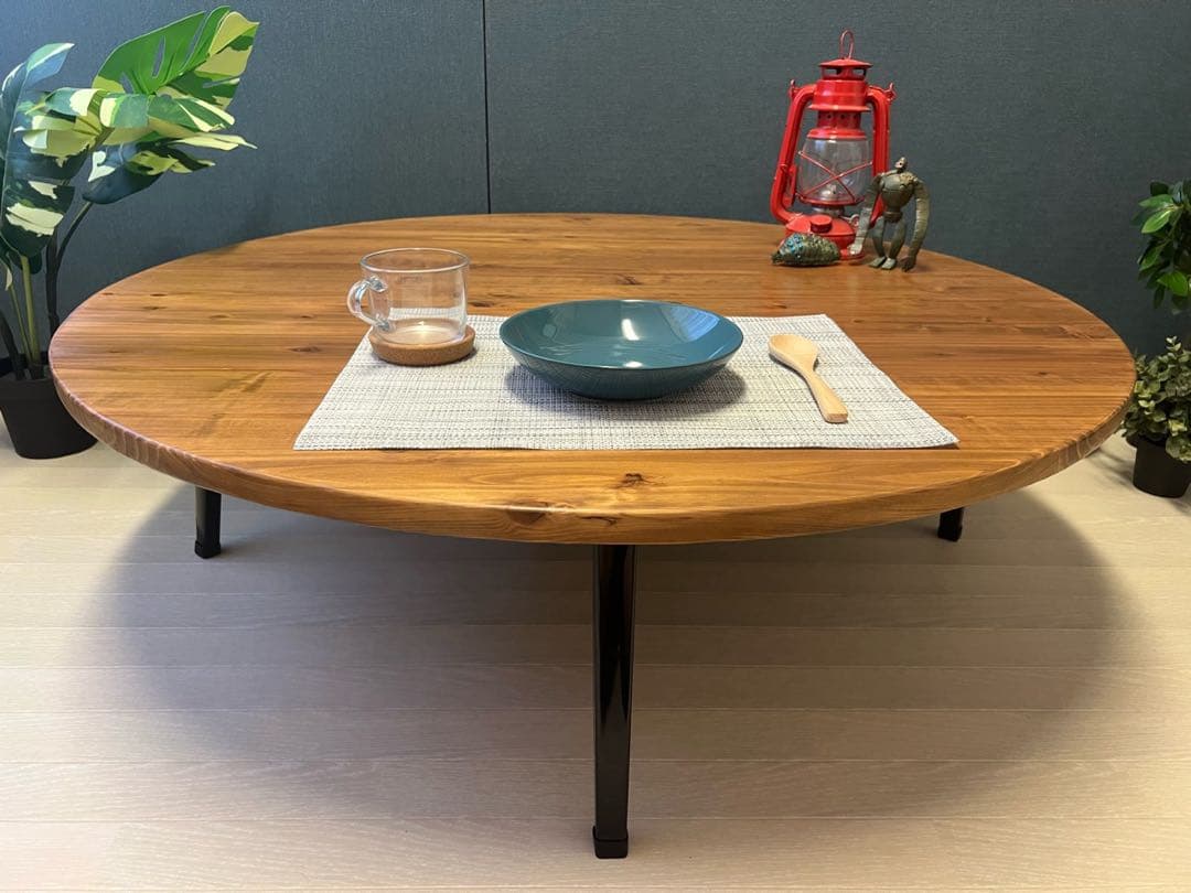 【送料無料】 ローテーブル 丸形 90cm 杉 オーク調 折りたたみ脚