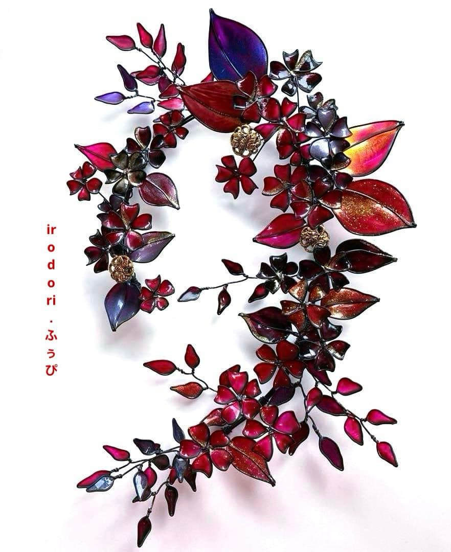 大人REDボタニカルリース　ワイヤークラフト　ディップアート　アート　壁飾り