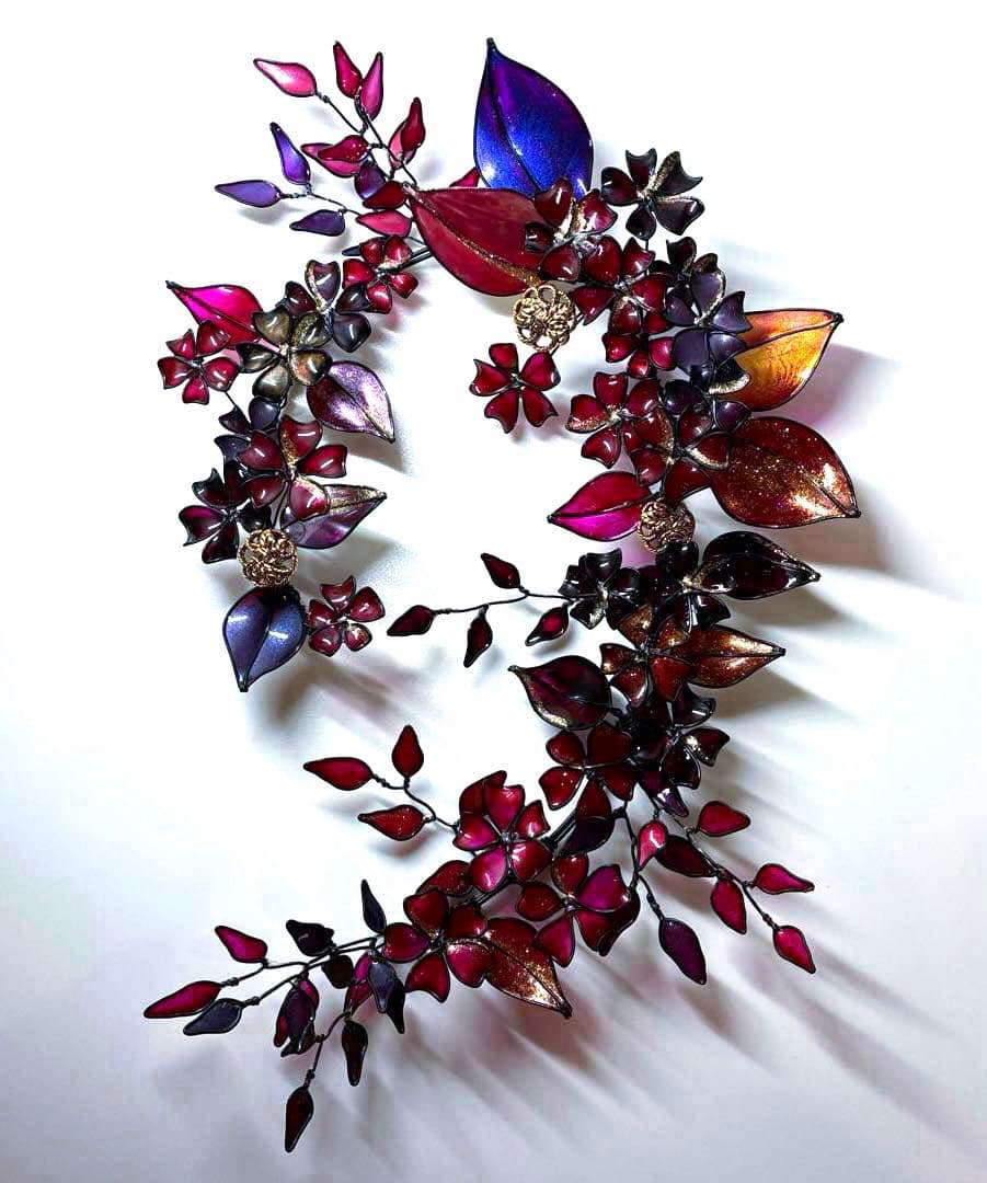 大人REDボタニカルリース　ワイヤークラフト　ディップアート　アート　壁飾り