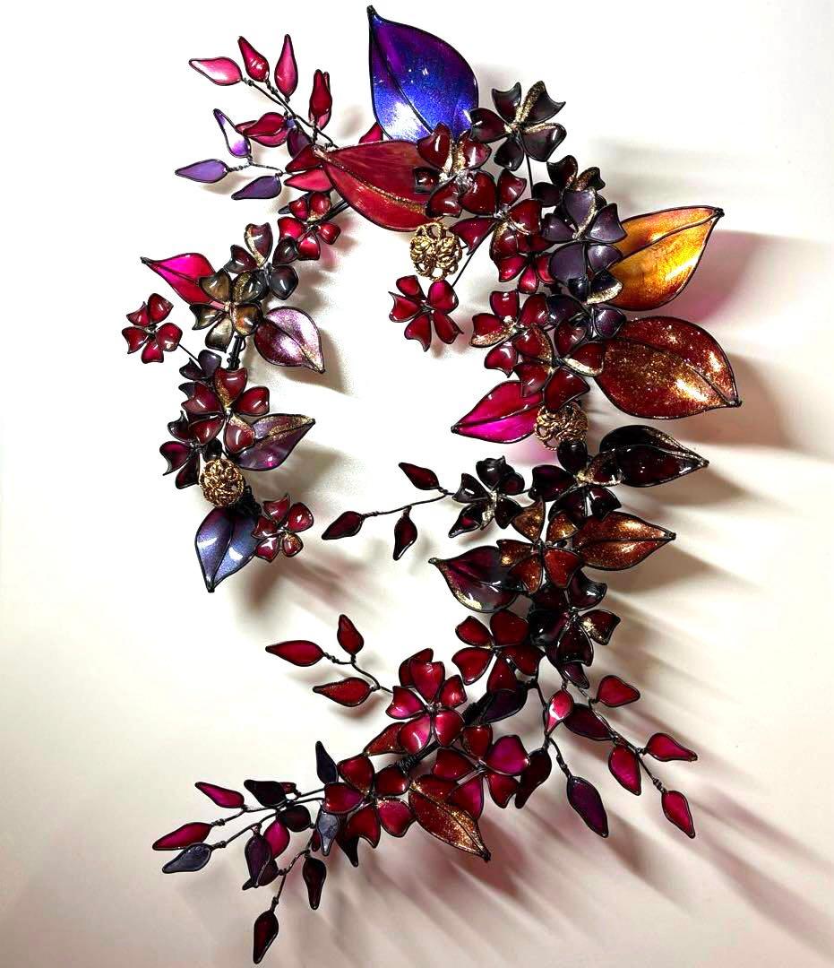 大人REDボタニカルリース　ワイヤークラフト　ディップアート　アート　壁飾り