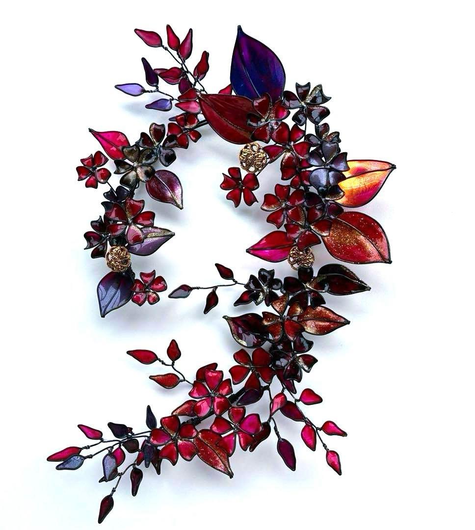 大人REDボタニカルリース　ワイヤークラフト　ディップアート　アート　壁飾り