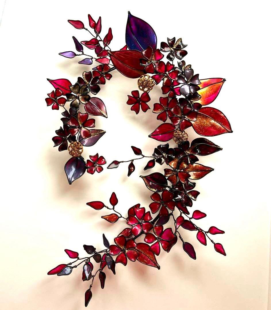 大人REDボタニカルリース　ワイヤークラフト　ディップアート　アート　壁飾り