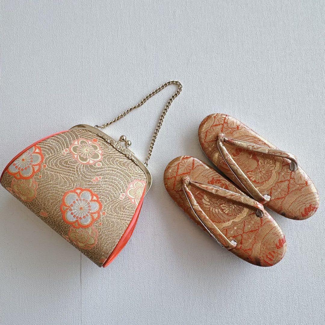 上品　フルセット　七五三　７歳女の子　黄土色赤蝶　金地袋帯　長襦袢付小物7079