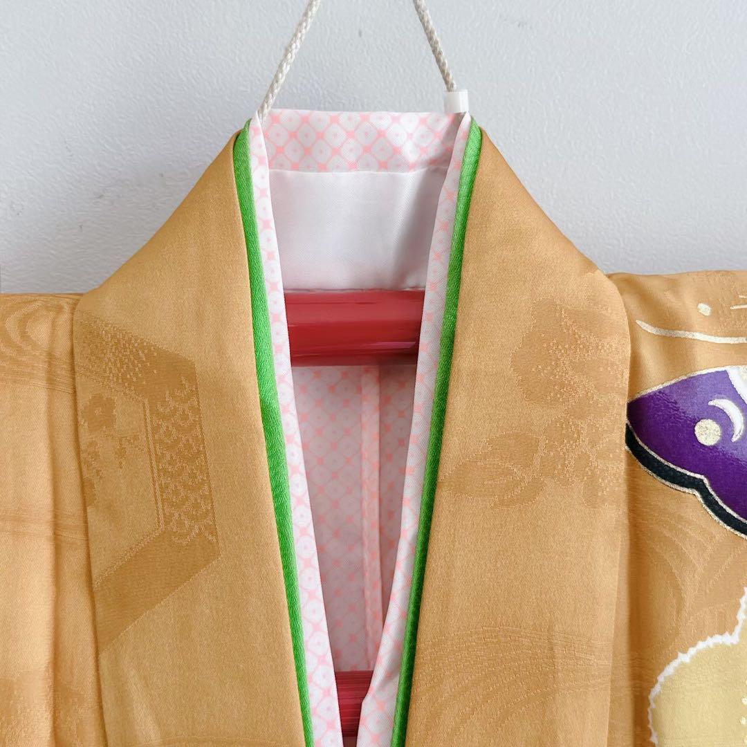 上品　フルセット　七五三　７歳女の子　黄土色赤蝶　金地袋帯　長襦袢付小物7079