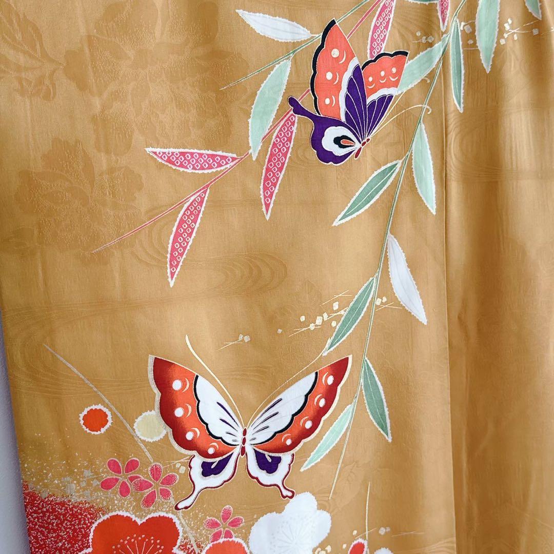 上品　フルセット　七五三　７歳女の子　黄土色赤蝶　金地袋帯　長襦袢付小物7079