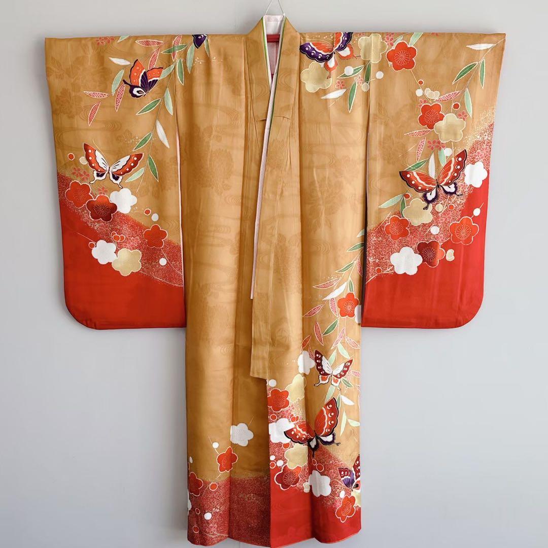 上品　フルセット　七五三　７歳女の子　黄土色赤蝶　金地袋帯　長襦袢付小物7079