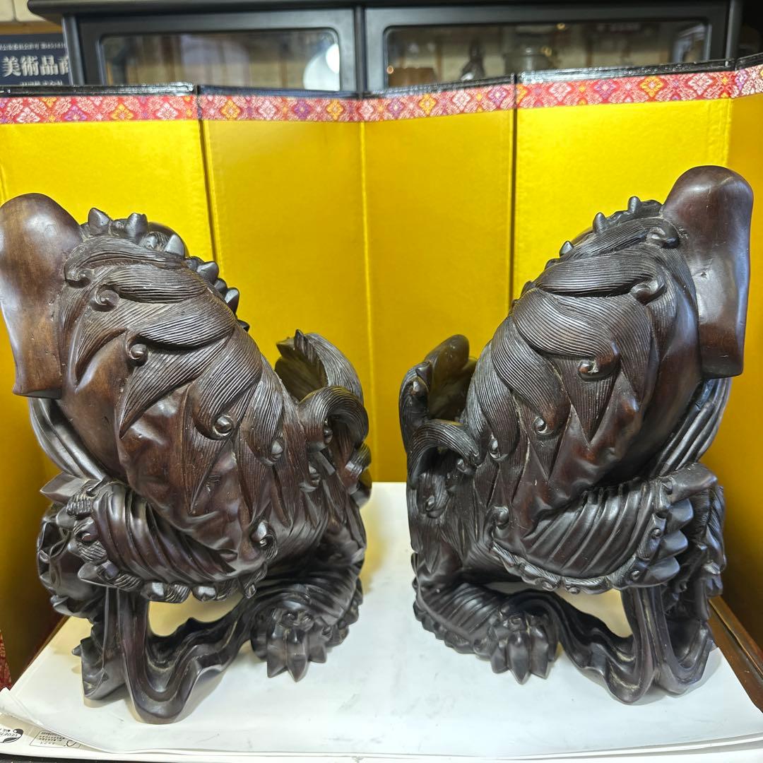 彫刻，清時代，紫檀，木彫，木製獅子像セット