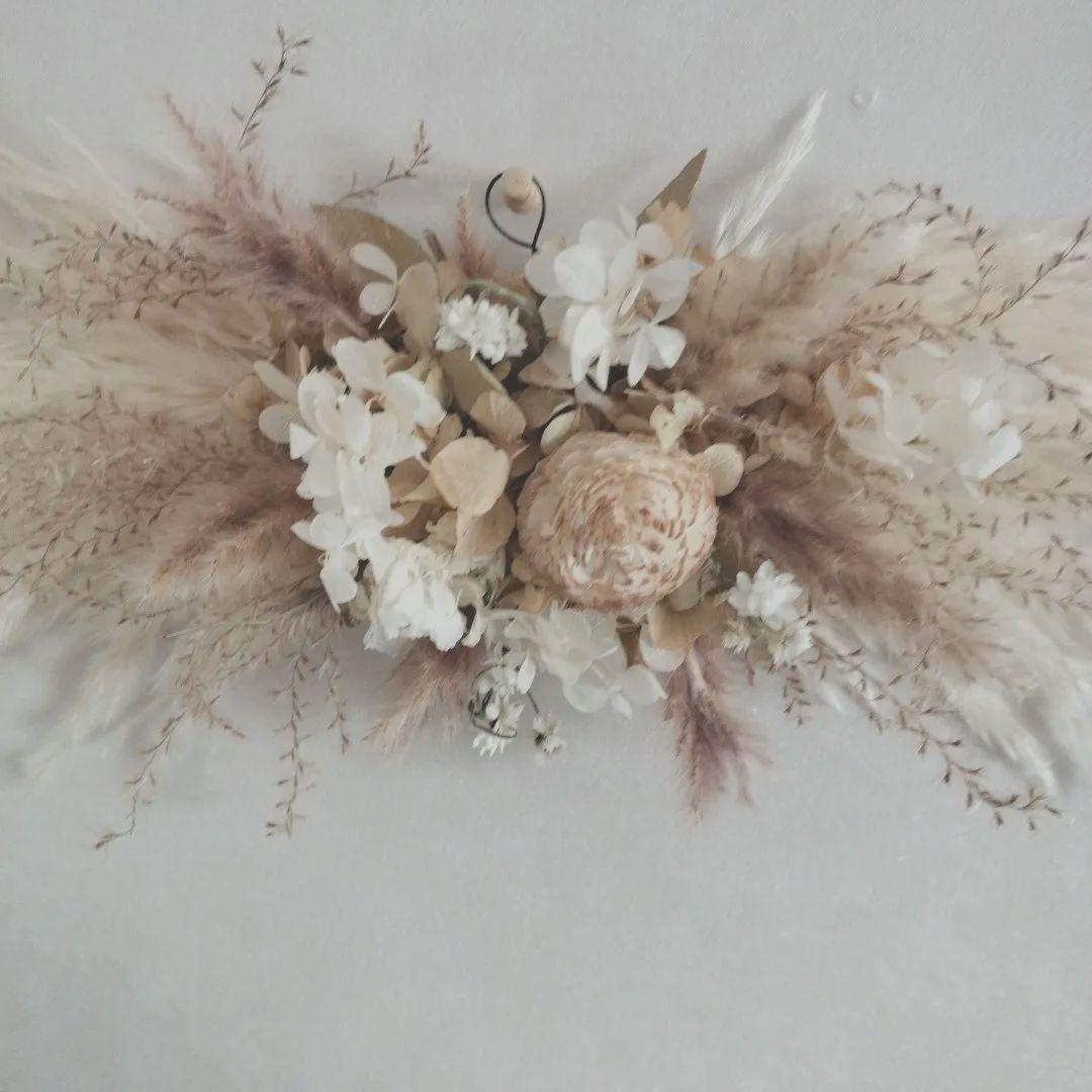 ベージュとモカ　ふんわり優しいドライフラワー横長スワッグ