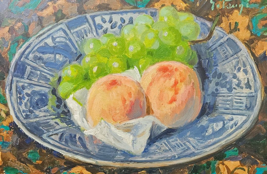 【真筆保証❗】示現会会員　辻新平 筆　油彩　果物　F6キャンバス　銀彩　額装