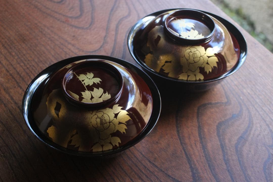 時代逸品！風情ある栗色漆に極上牡丹蝶蒔絵の映える大椀2