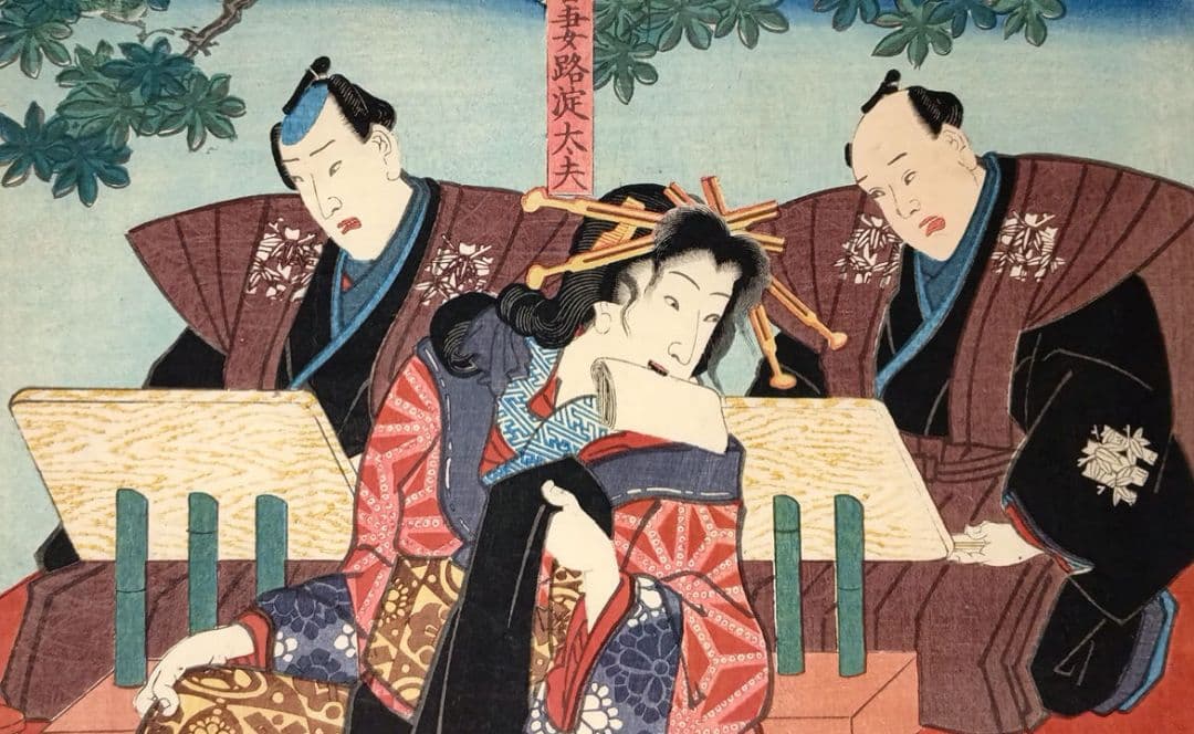 浮世絵版画、浄瑠璃種々薩誓掛額三枚綴り三代歌川豊国、安政6年（1859