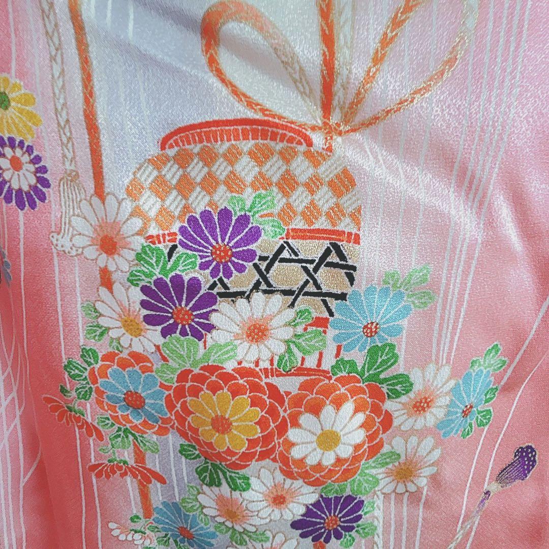 セット　七五三　３歳女の子　長着＆被布＆袖なし長襦袢＆小物　ピンク×白×赤花籠