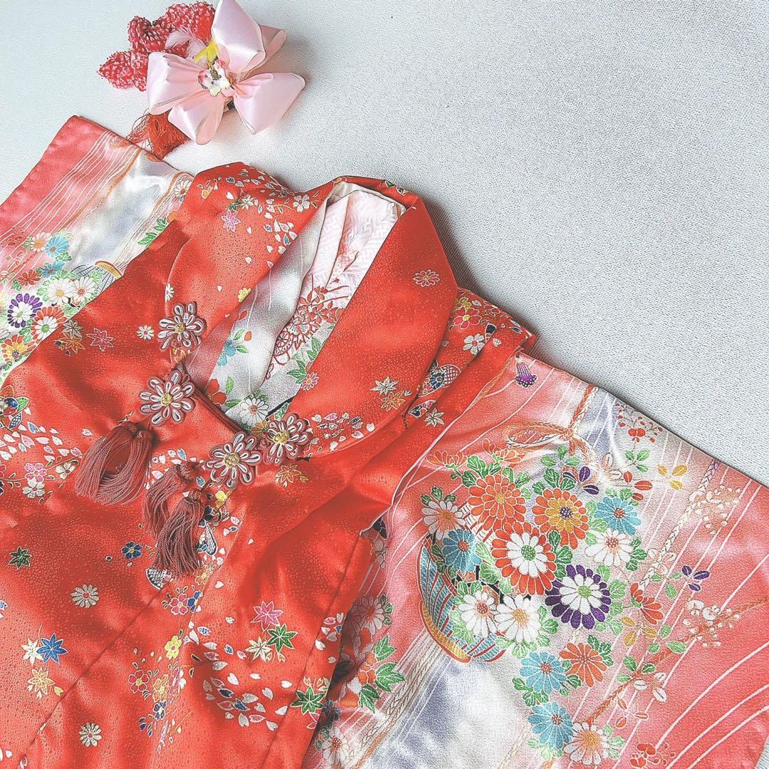 セット　七五三　３歳女の子　長着＆被布＆袖なし長襦袢＆小物　ピンク×白×赤花籠