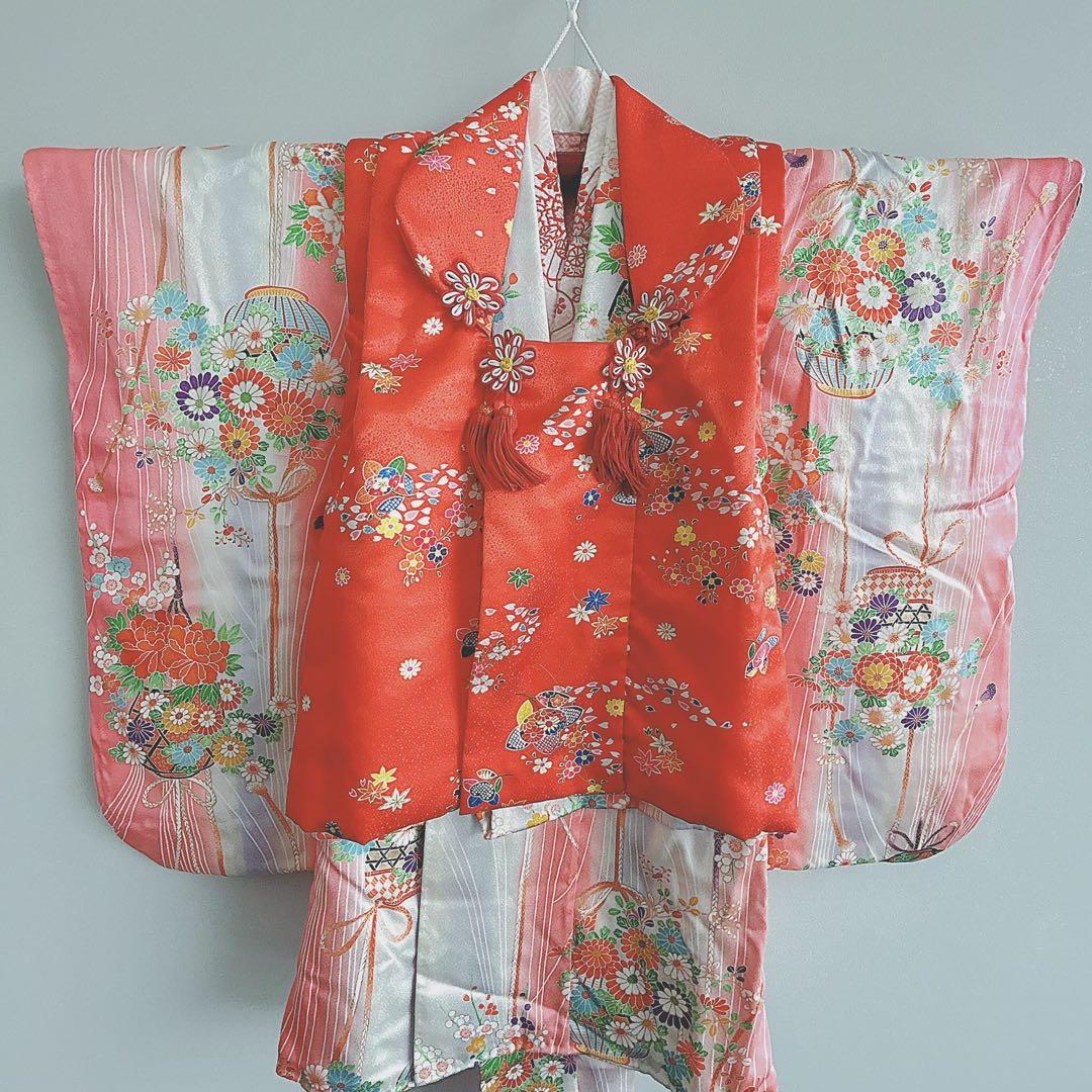 セット　七五三　３歳女の子　長着＆被布＆袖なし長襦袢＆小物　ピンク×白×赤花籠