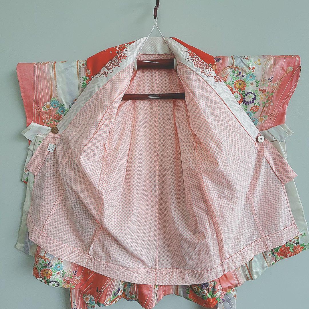 セット　七五三　３歳女の子　長着＆被布＆袖なし長襦袢＆小物　ピンク×白×赤花籠