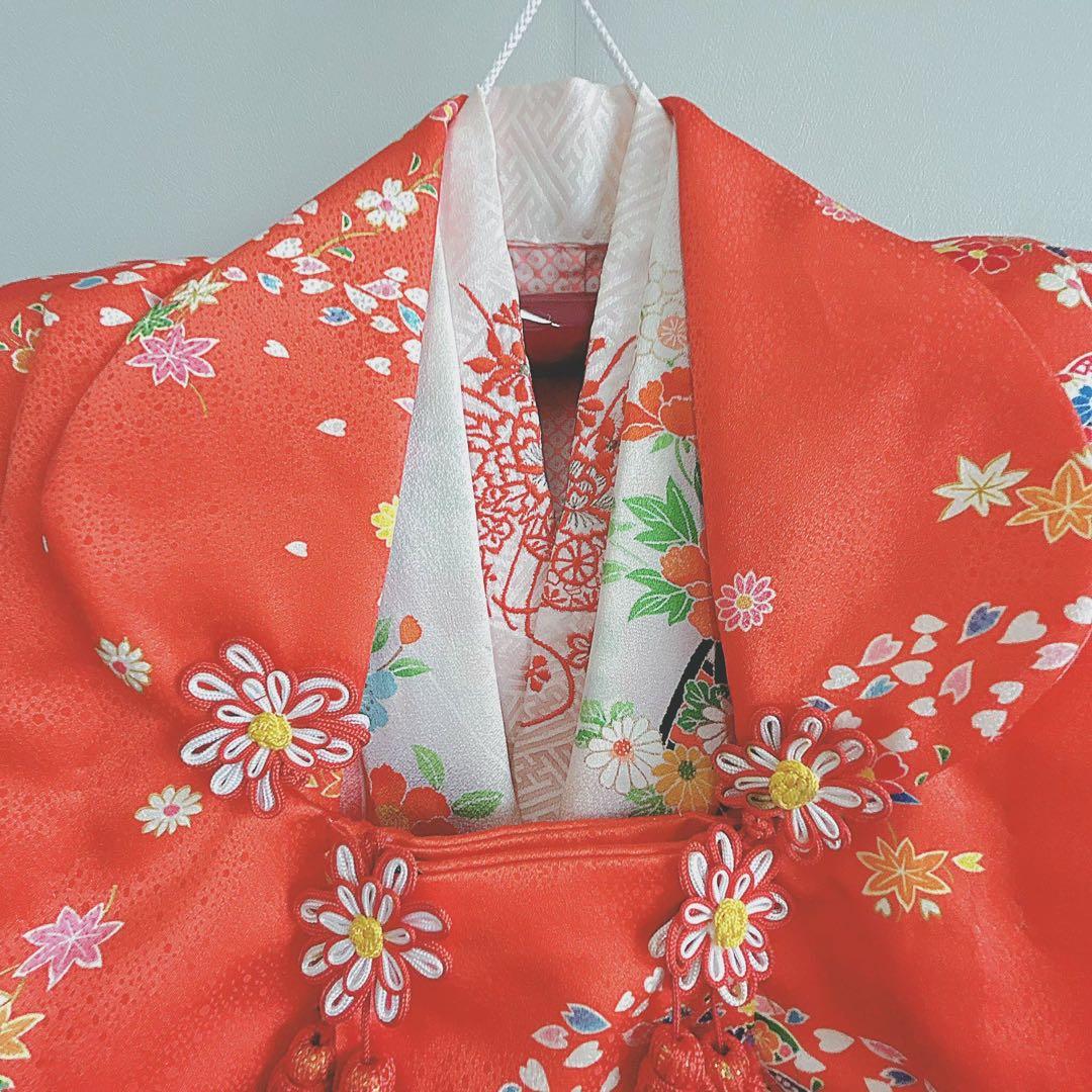 セット　七五三　３歳女の子　長着＆被布＆袖なし長襦袢＆小物　ピンク×白×赤花籠