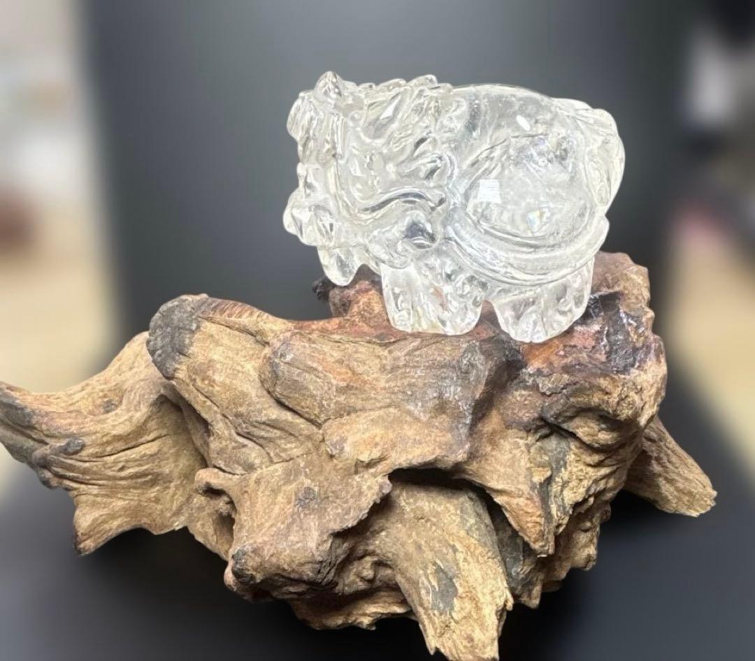 高品質 天然水晶 龍亀 台座付き 約72mm 開運 財運