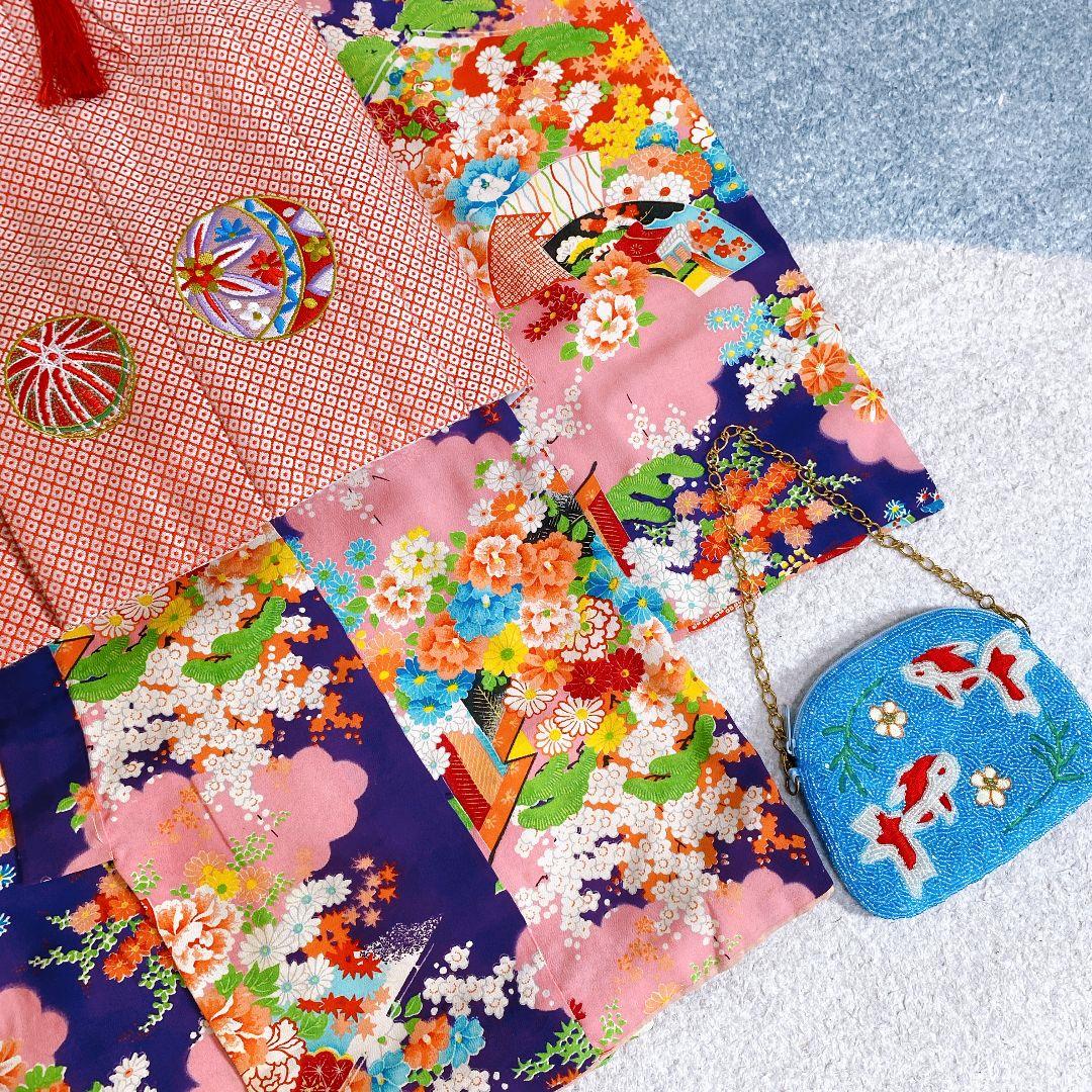 七五三 2歳 3歳 正絹 アンティーク 着物 被布 ビーズバッグ 草履 セット