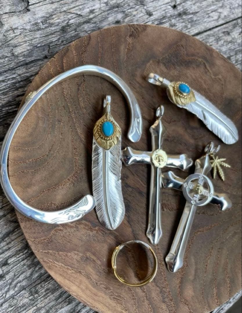 上金 金縄 ターコイズ 左 フェザー ネックレス ハンドメイドノーブランド