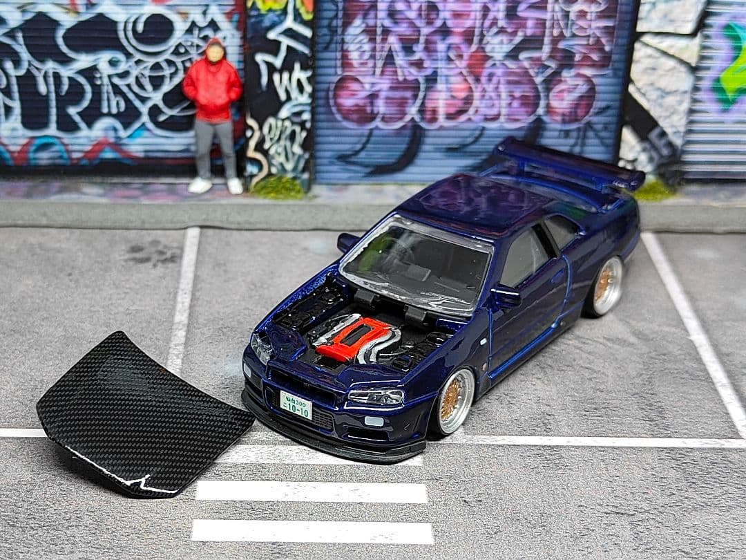 トミカ改造 日産 R34 GTR ボンネット開閉 紫マジョレット ホット