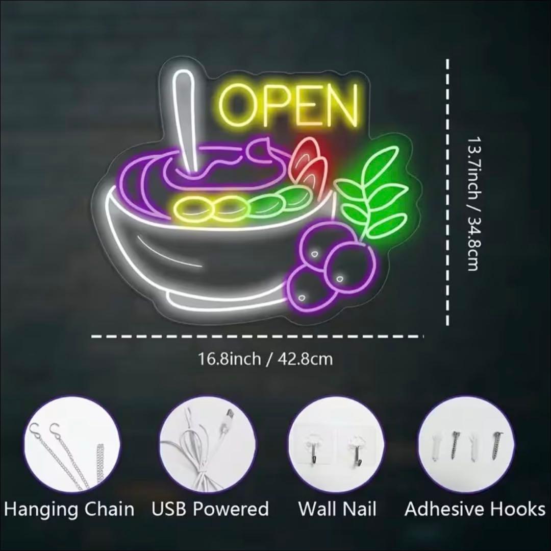 OPEN ネオンライト アサイーボウル 看板 USB 壁掛け RGB