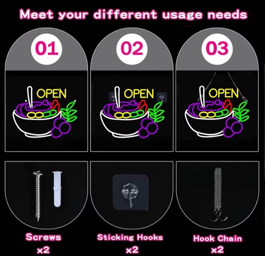 OPEN ネオンライト アサイーボウル 看板 USB 壁掛け RGB