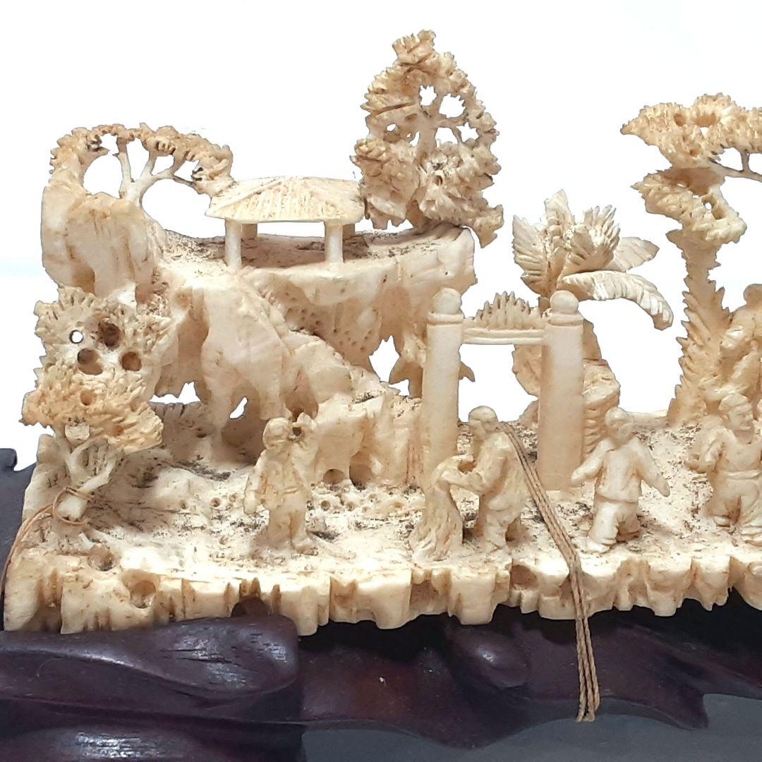 Y1183-1 高級彫刻 細密造 山水楼閣 置物 重量441.5g 横20㎝