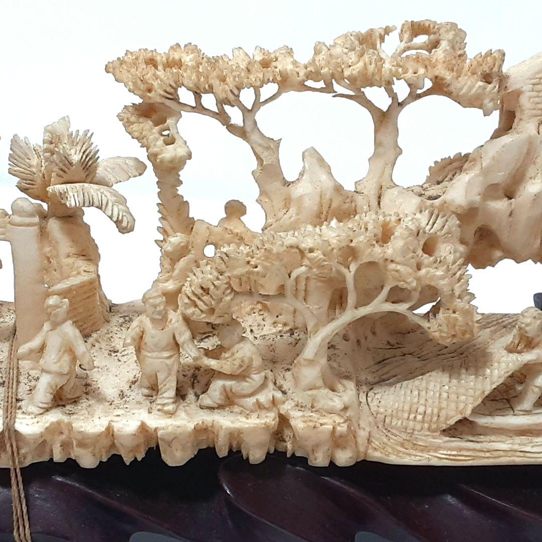 Y1183-1 高級彫刻 細密造 山水楼閣 置物 重量441.5g 横20㎝