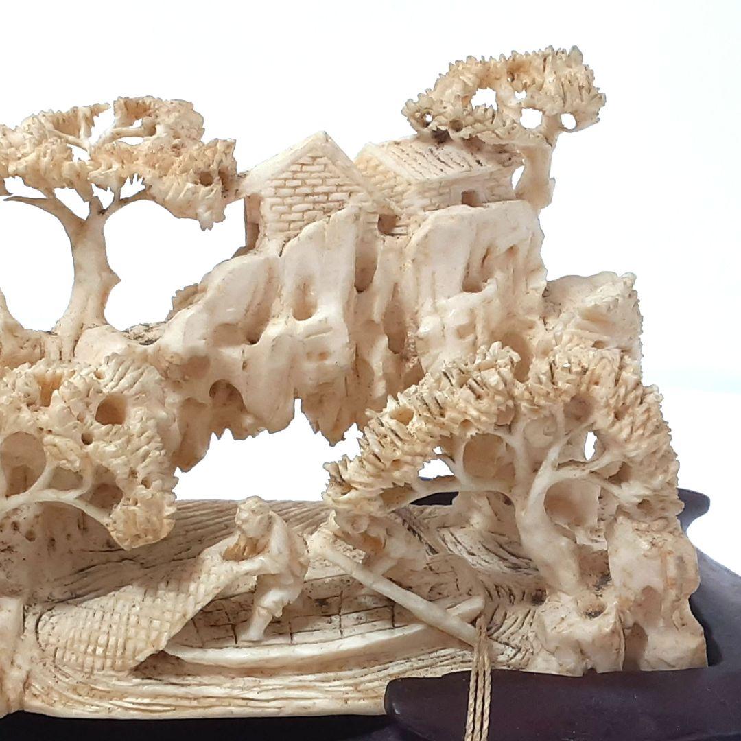 Y1183-1 高級彫刻 細密造 山水楼閣 置物 重量441.5g 横20㎝