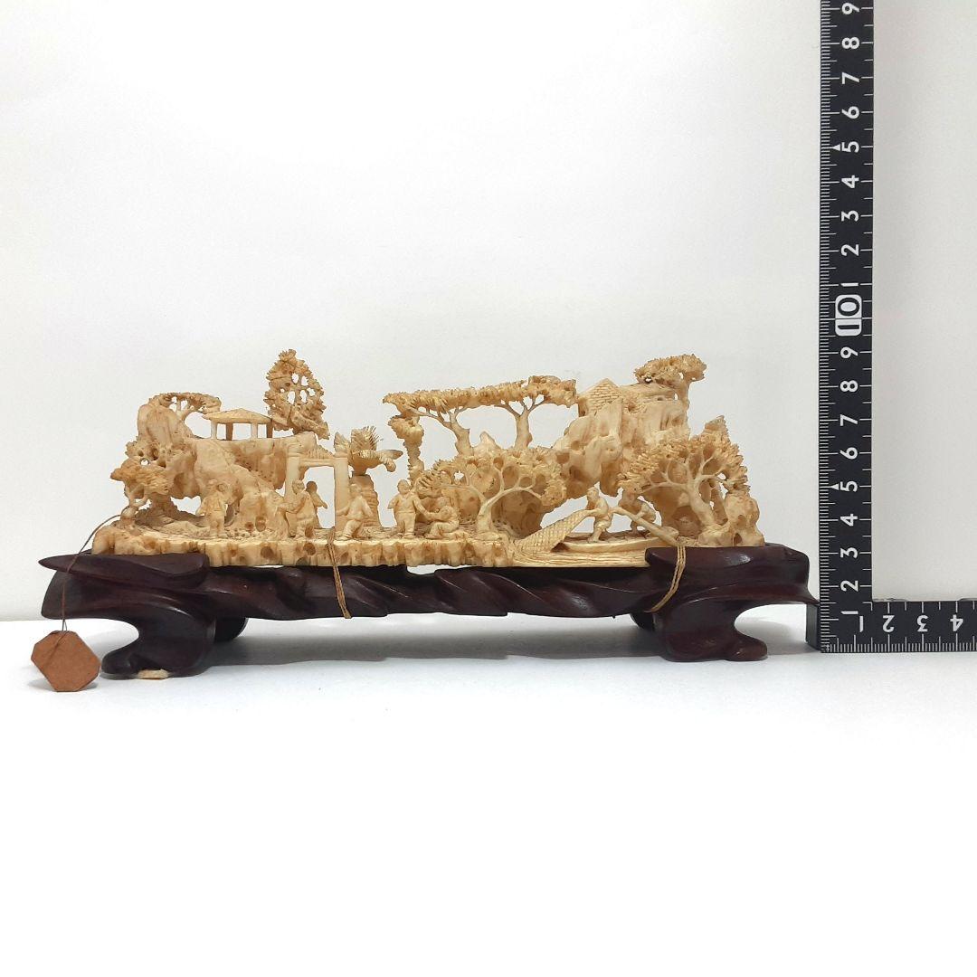 Y1183-1 高級彫刻 細密造 山水楼閣 置物 重量441.5g 横20㎝