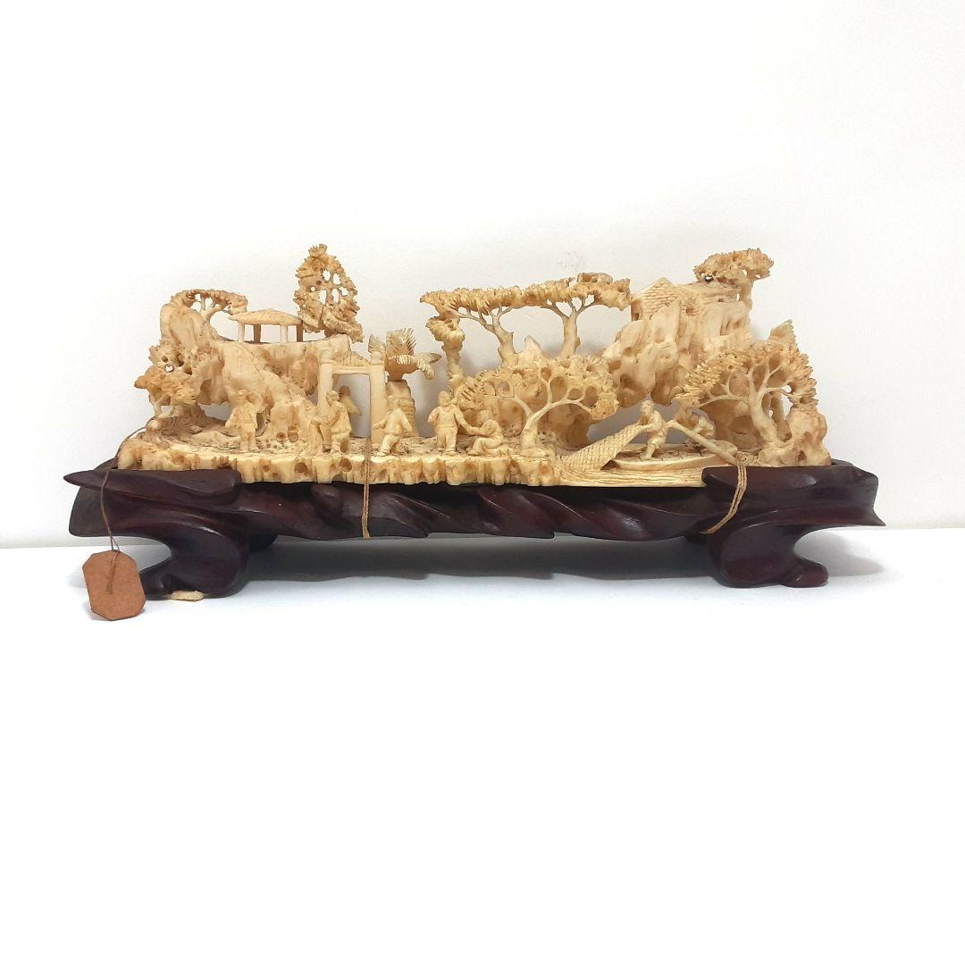 Y1183-1 高級彫刻 細密造 山水楼閣 置物 重量441.5g 横20㎝