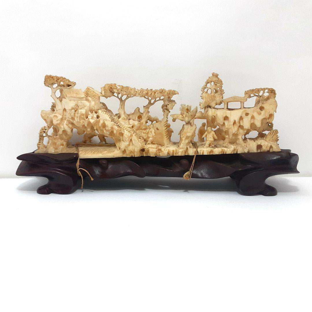 Y1183-1 高級彫刻 細密造 山水楼閣 置物 重量441.5g 横20㎝