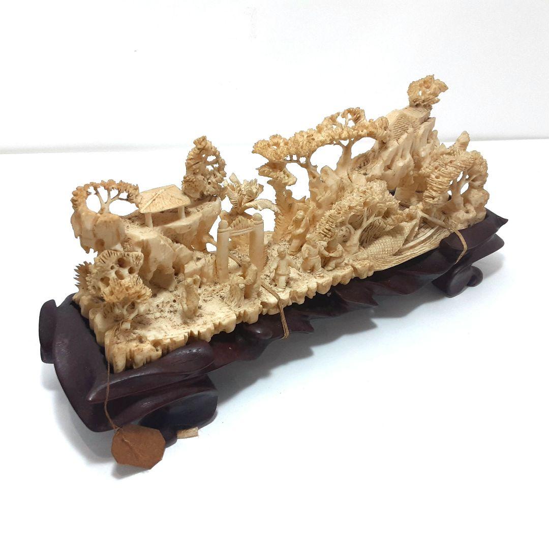 Y1183-1 高級彫刻 細密造 山水楼閣 置物 重量441.5g 横20㎝