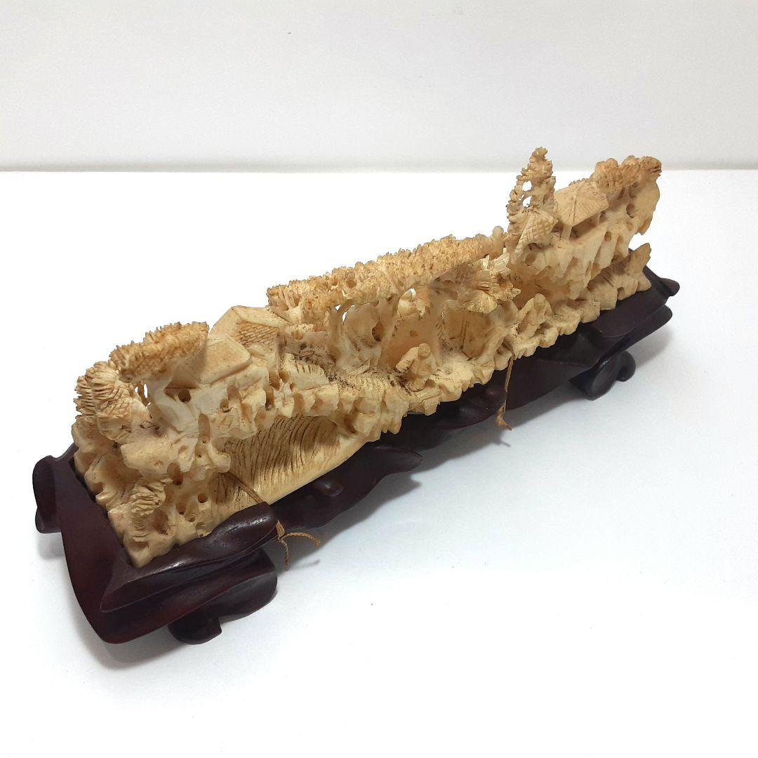 Y1183-1 高級彫刻 細密造 山水楼閣 置物 重量441.5g 横20㎝