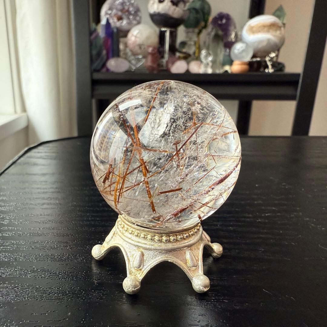天然石ルチルクォーツのスフィア　丸玉　置物NO.010606