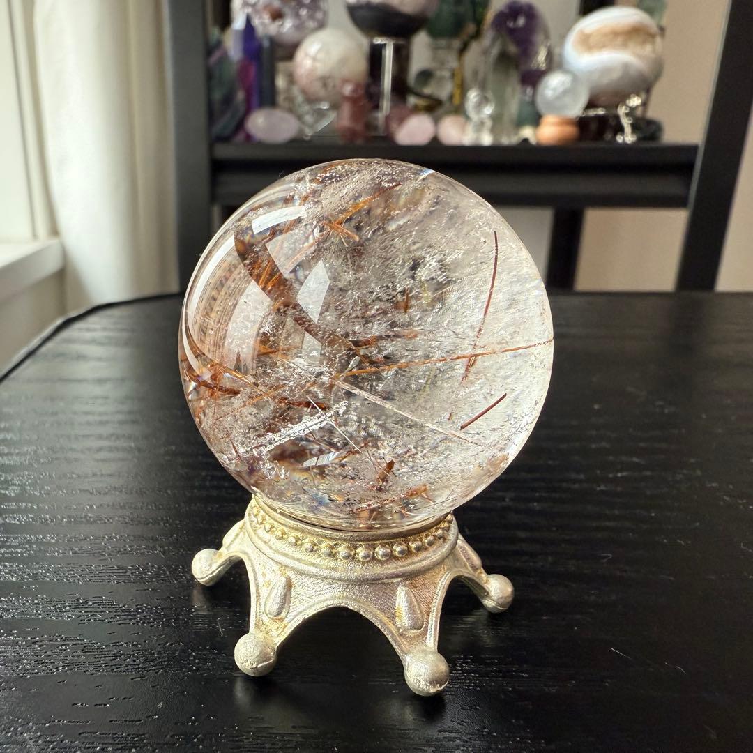 天然石ルチルクォーツのスフィア　丸玉　置物NO.010606
