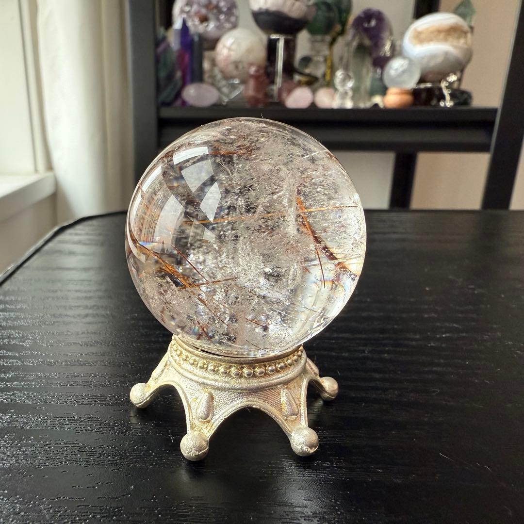 天然石ルチルクォーツのスフィア　丸玉　置物NO.010606