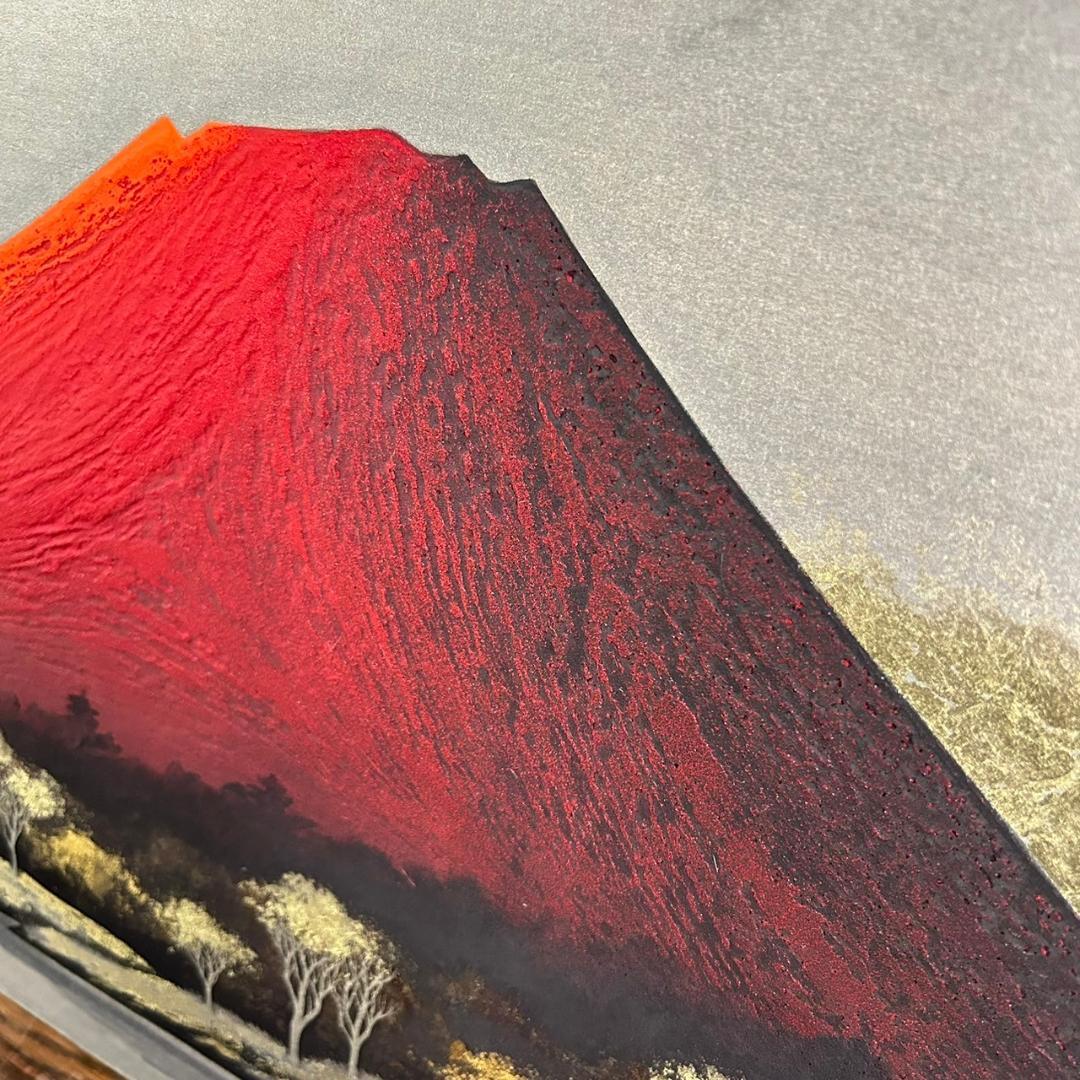 美品 下川立夏「赤富士」朱映富嶽 日本画 肉筆画 署名落款有り 共