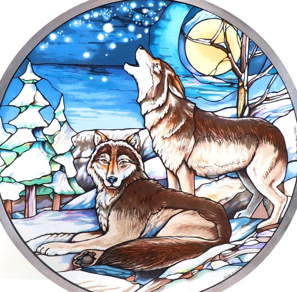 夜の雪景色と二匹の狼 ヴィンテージ ステンドグラス 大型 グラス