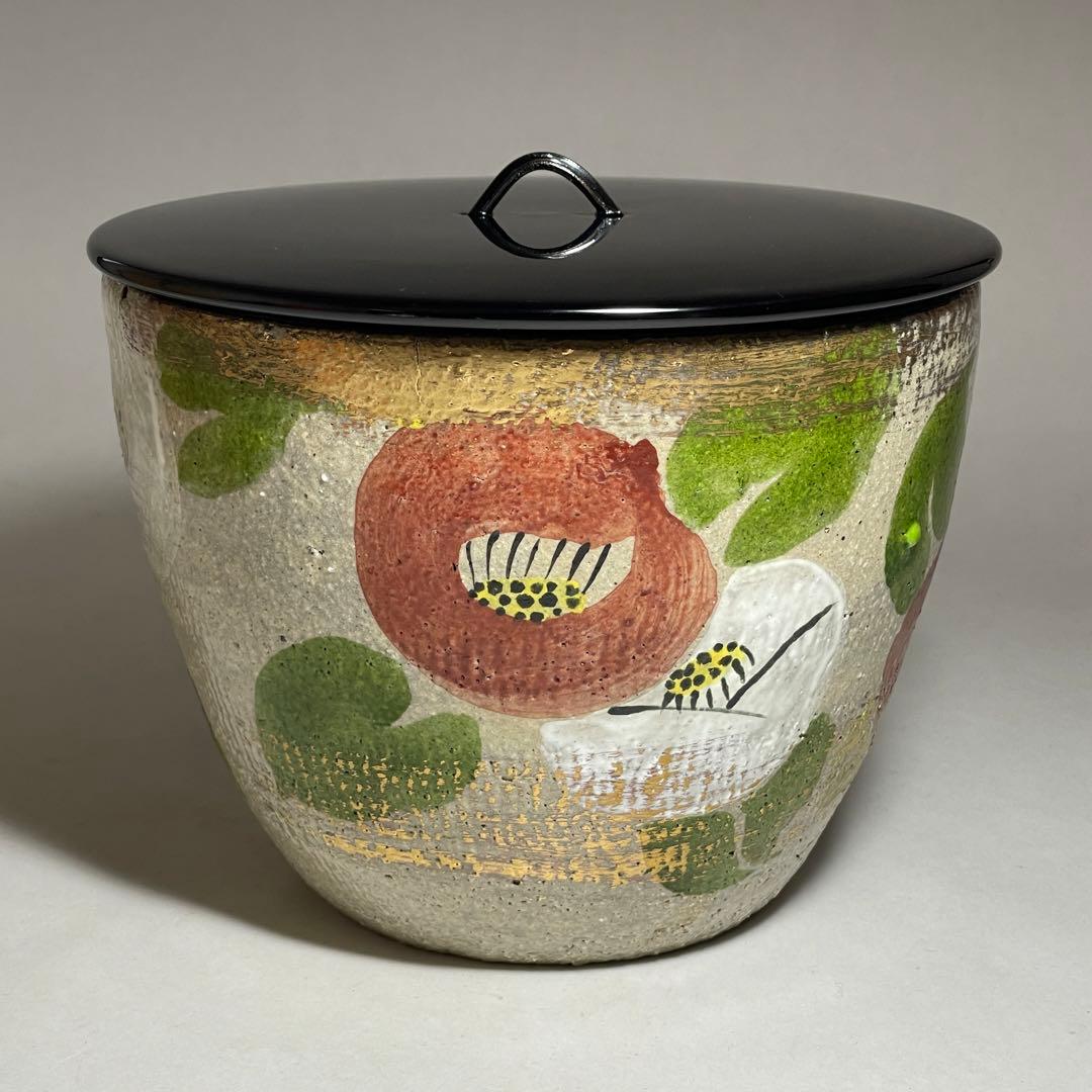 ◇昭和の人気陶芸家【青葉太陽】作 椿文水指 四方桟共箱 漆蓋 茶道具