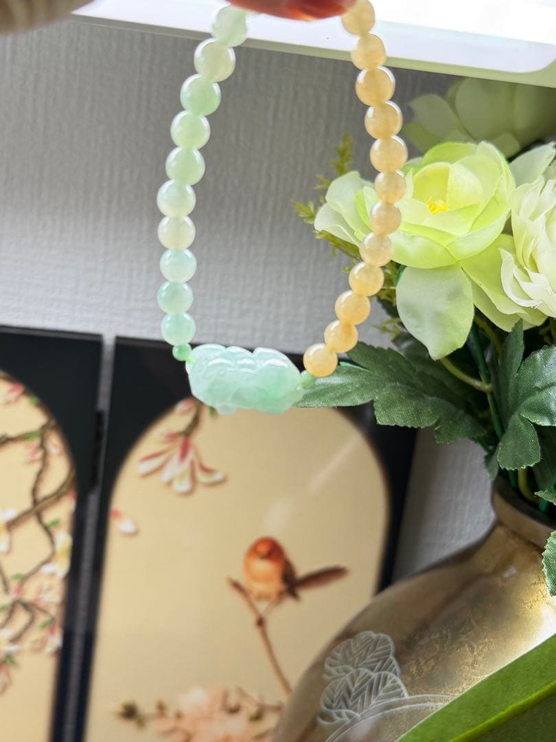 新作‼️ミャンマー産本翡翠　金運アップ⤴️貔貅様＆双色翡翠ブレスレット