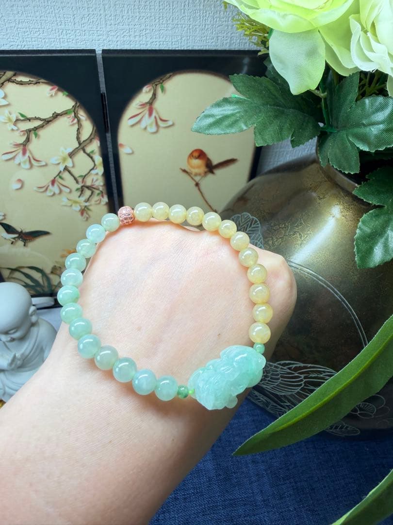 新作‼️ミャンマー産本翡翠　金運アップ⤴️貔貅様＆双色翡翠ブレスレット